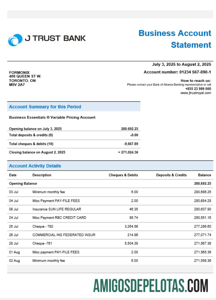 Modelo de declaração da empresa J Trust Royal Business Bank em formato Word e PDF